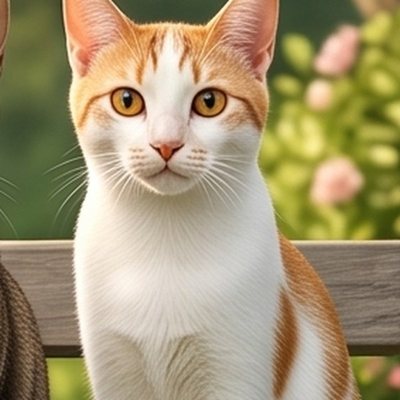 Kiki, a slim white cat with orange patches and amber eyes